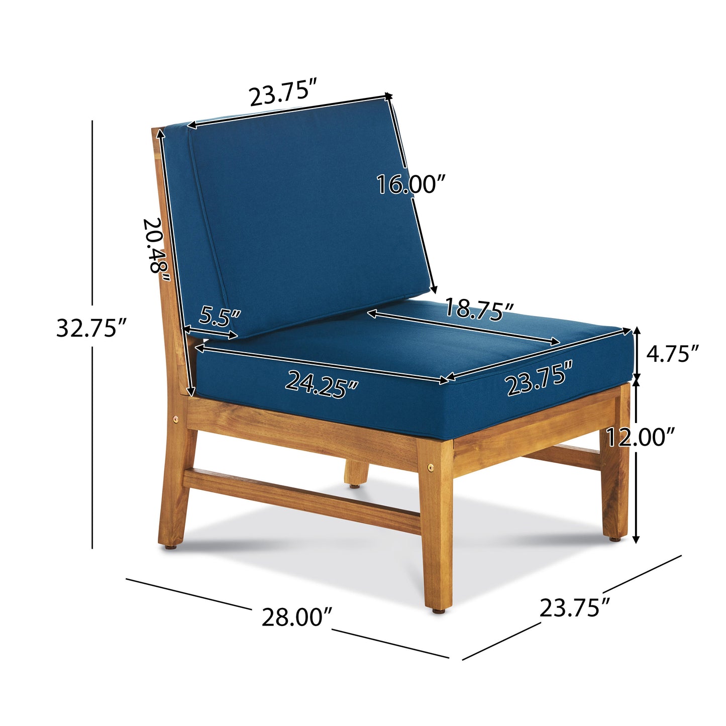 Modern blue outdoor accent chair with durable acacia wood frame and plush cushions