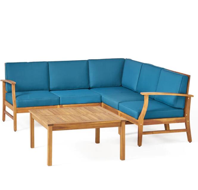 Teal cushioned wooden sectional patio sofa with matching wood coffee table