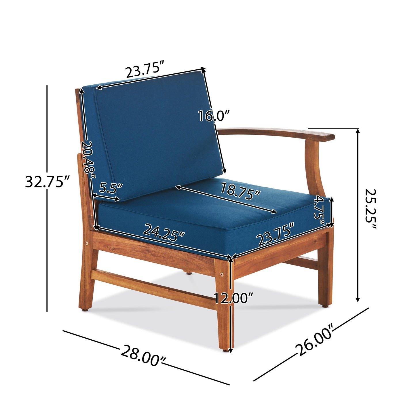 Wooden armchair with deep blue cushions and curved arms perfect for patio seating
