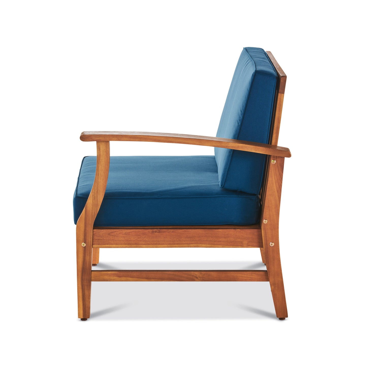 Side view of a modern wooden armchair with navy blue cushions