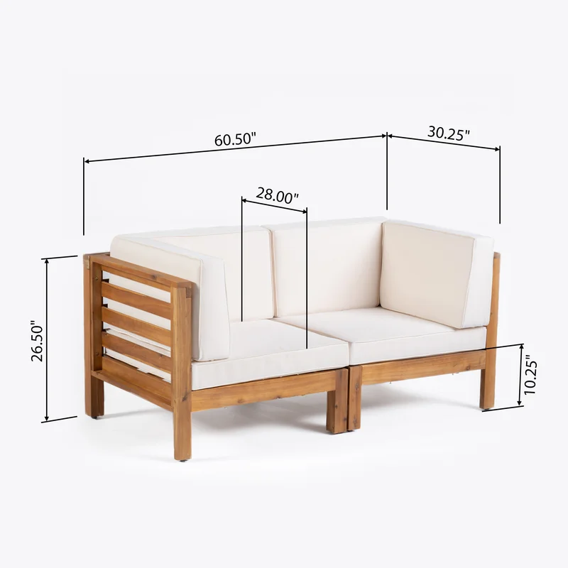 Acacia wood outdoor sectional sofa with white cushions and slat armrest