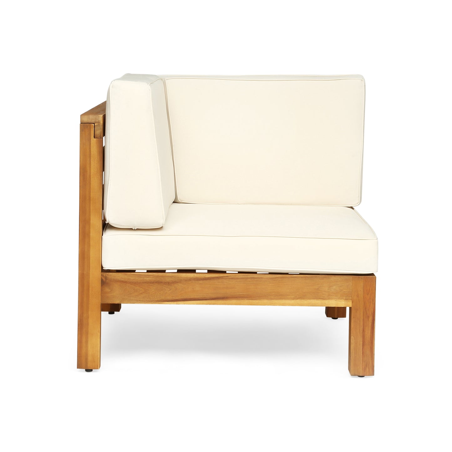 Corner sofa with natural wood frame and cream cushions for outdoor seating