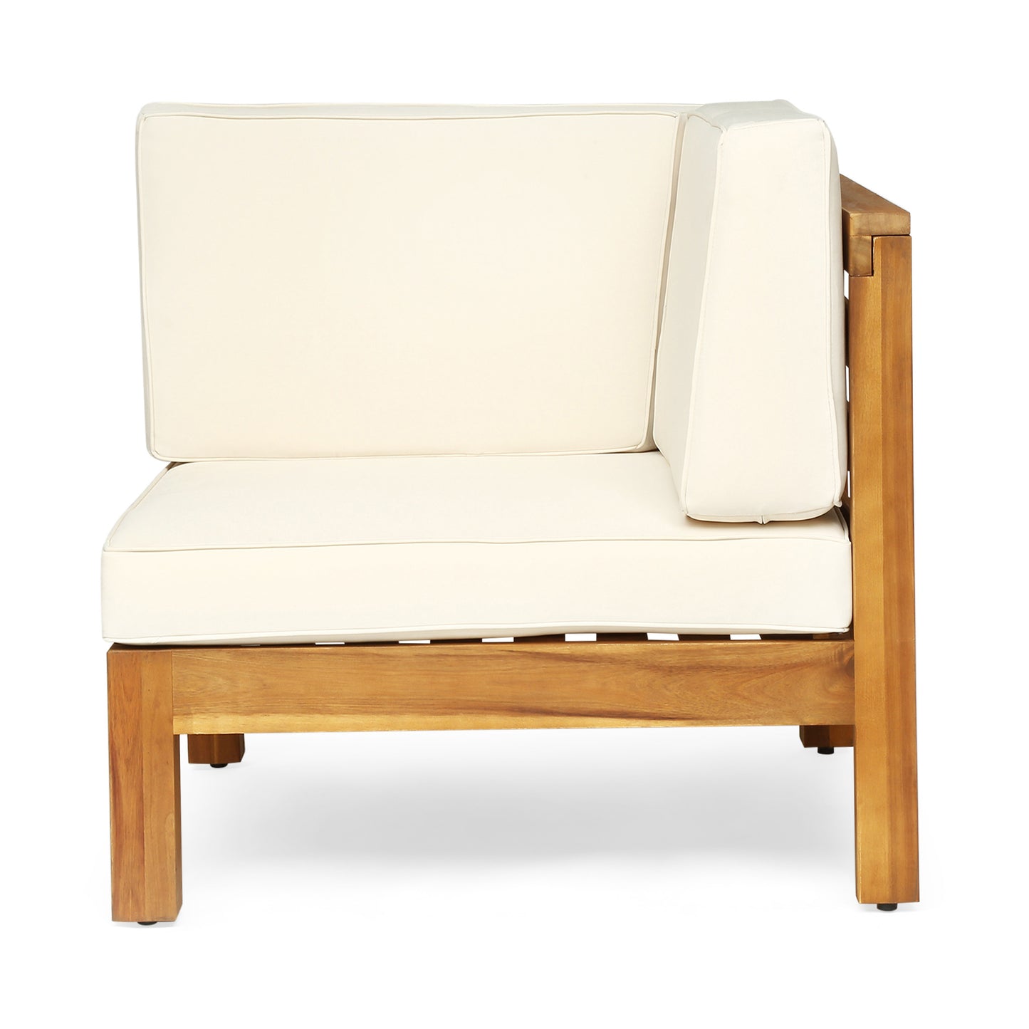 Corner sectional outdoor sofa with natural wood frame and cream cushions