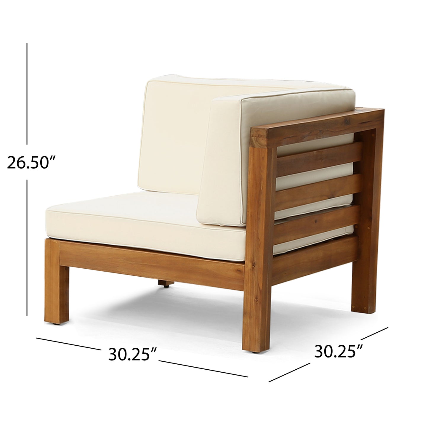 Corner outdoor chair with a natural wood frame and cream cushions