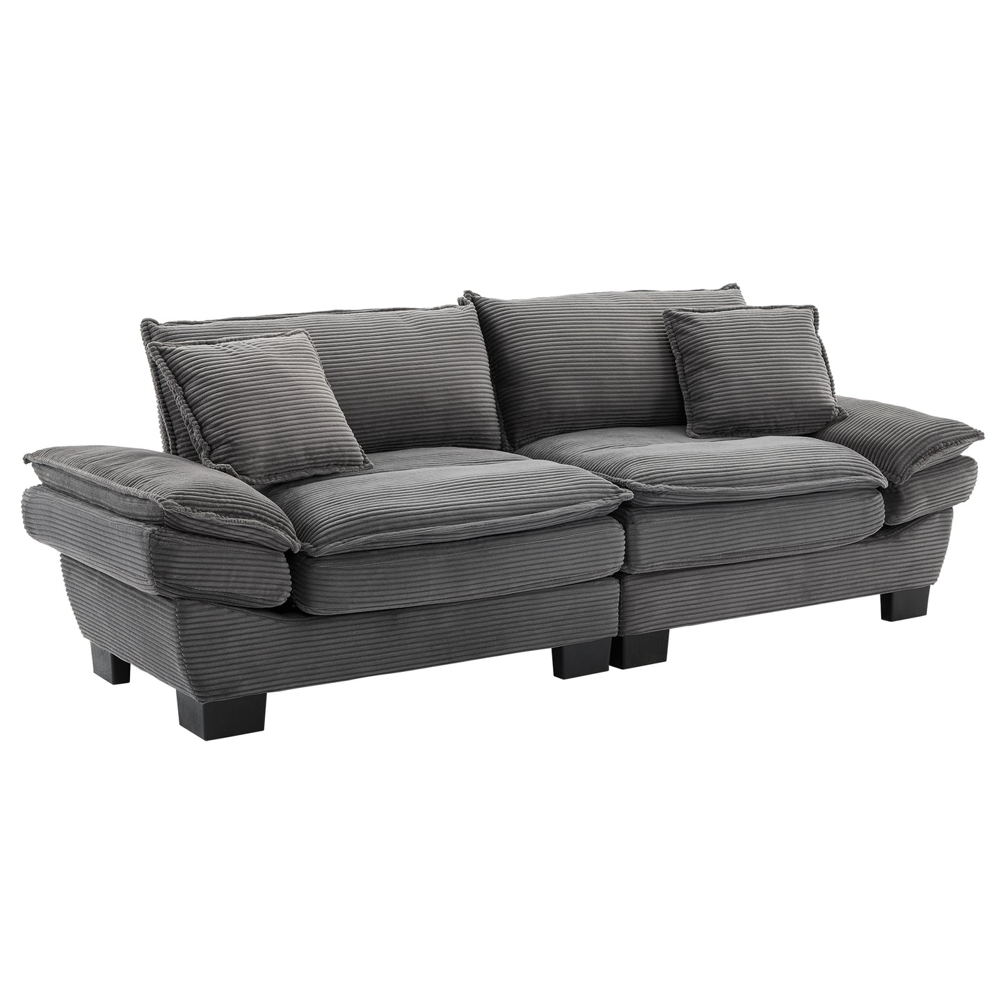 Gray corduroy sofa with plush cushions and dark wooden legs