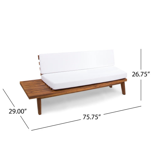 Modern acacia wood sofa with white cushions and integrated side table