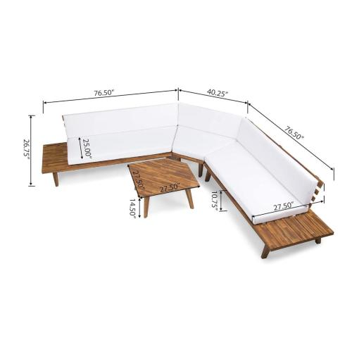 Wooden outdoor sectional sofa with white cushions and matching coffee table