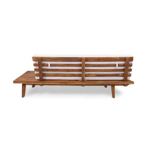 Wooden outdoor sectional sofa with white cushions back view
