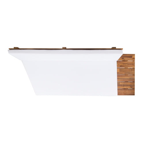 White modern reception desk with wood accent panels