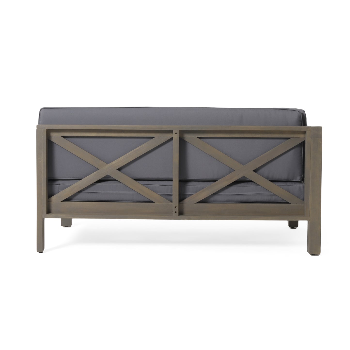 Gray upholstered outdoor sofa with weathered wood frame and Xdesign back