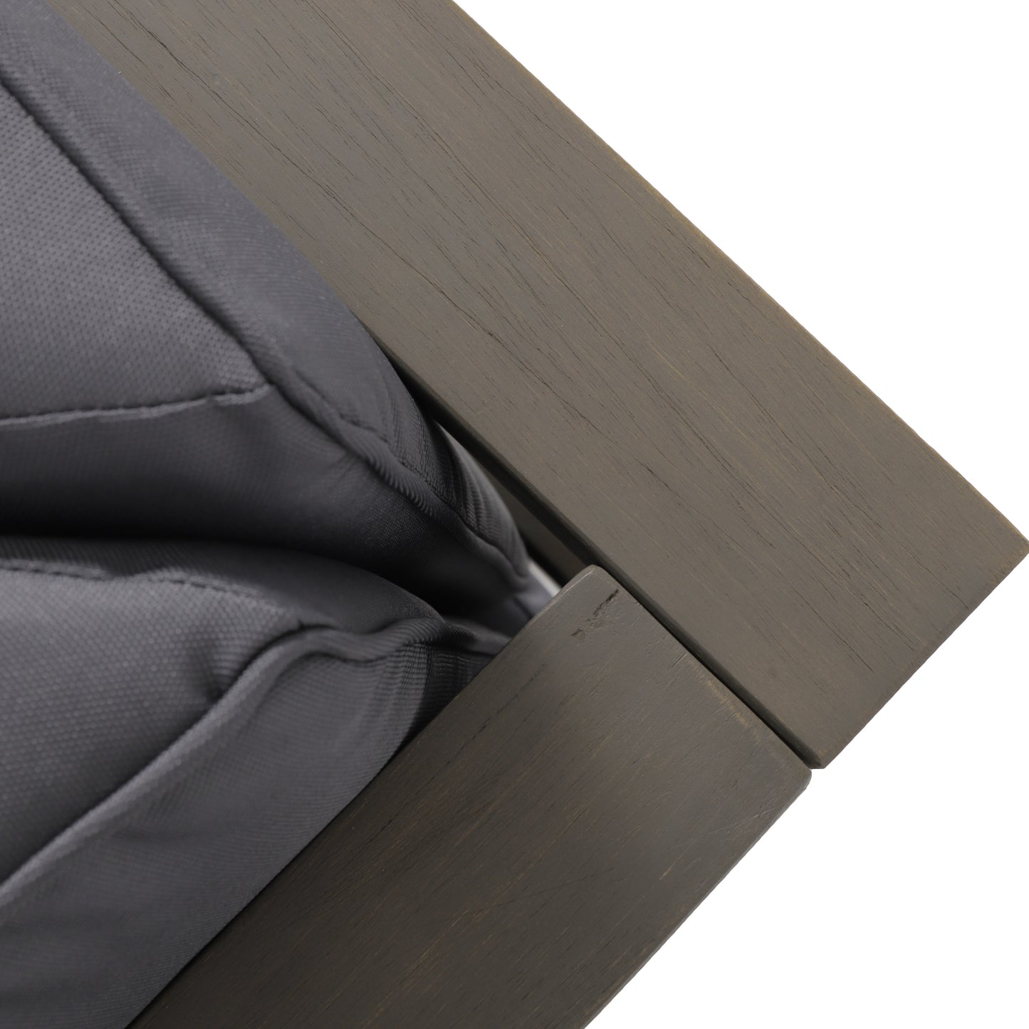 Dark gray outdoor chair cushion with textured fabric and a distressed wood frame accent