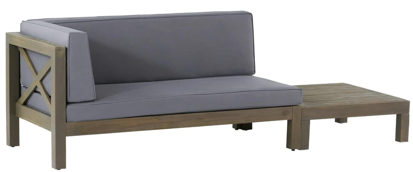 Gray upholstered outdoor sectional sofa with wooden frame and attached side table