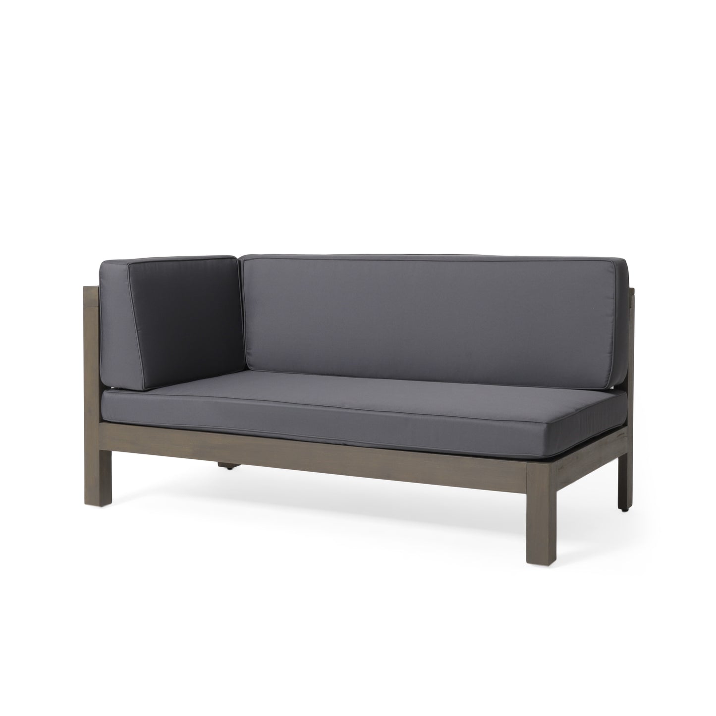 Gray sectional outdoor sofa with modern wood frame and upholstered cushions