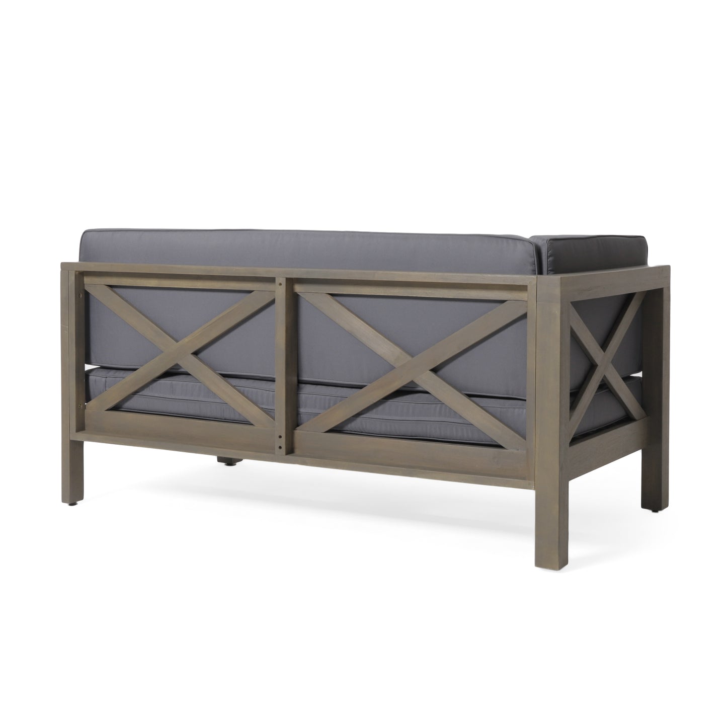 Weathered grey wood outdoor sofa with charcoal grey cushions