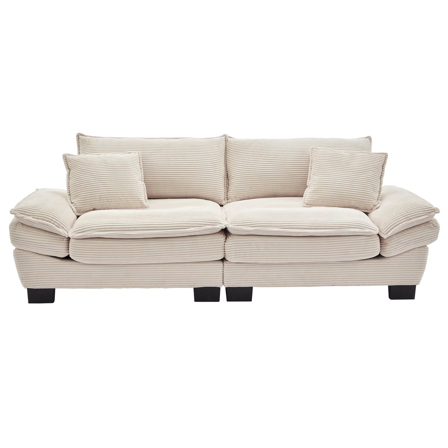 Cream corduroy sofa with plush cushions and modern black legs