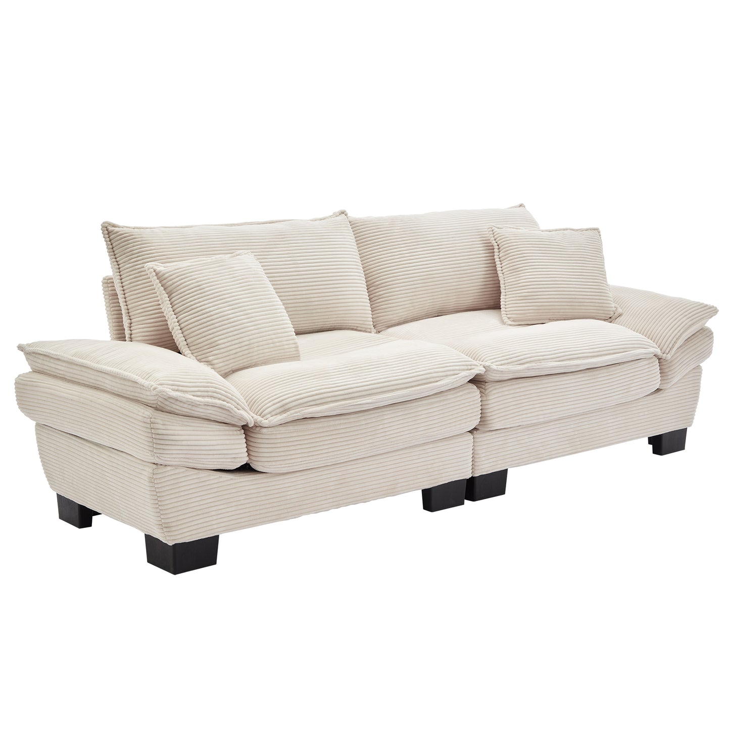 Plush beige corduroy sofa with comfortable throw pillows and dark wood block feet