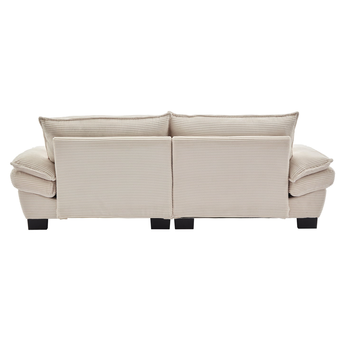 Cream corduroy sofa with plush cushions and black square legs