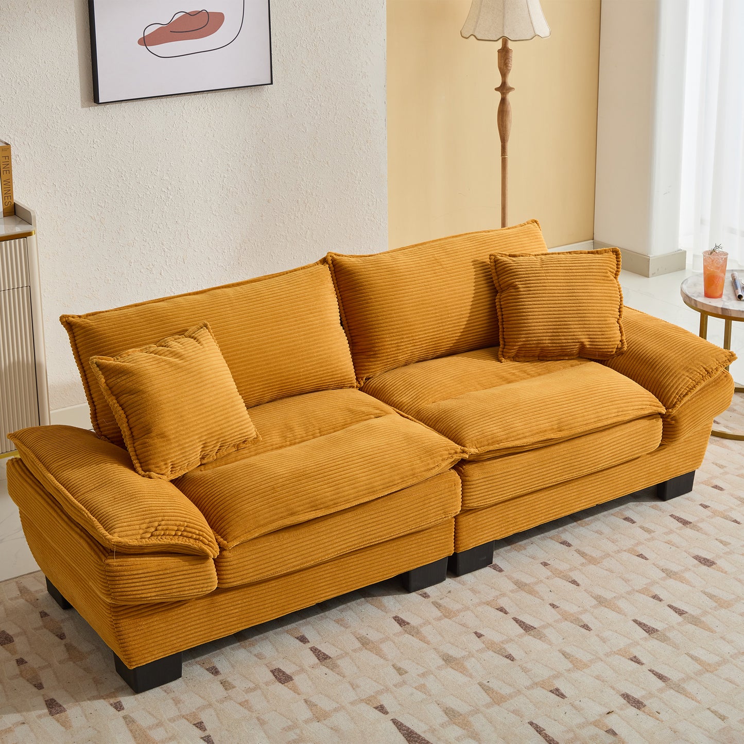 Comfortable mustard yellow corduroy sofa with plush cushions perfect for living rooms