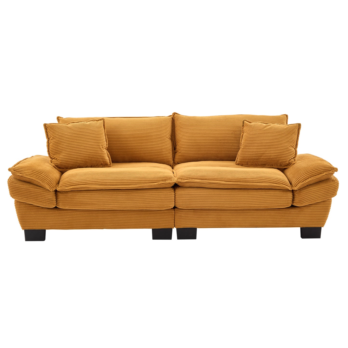 Plush mustard yellow corduroy sofa with two matching throw pillows for modern living rooms