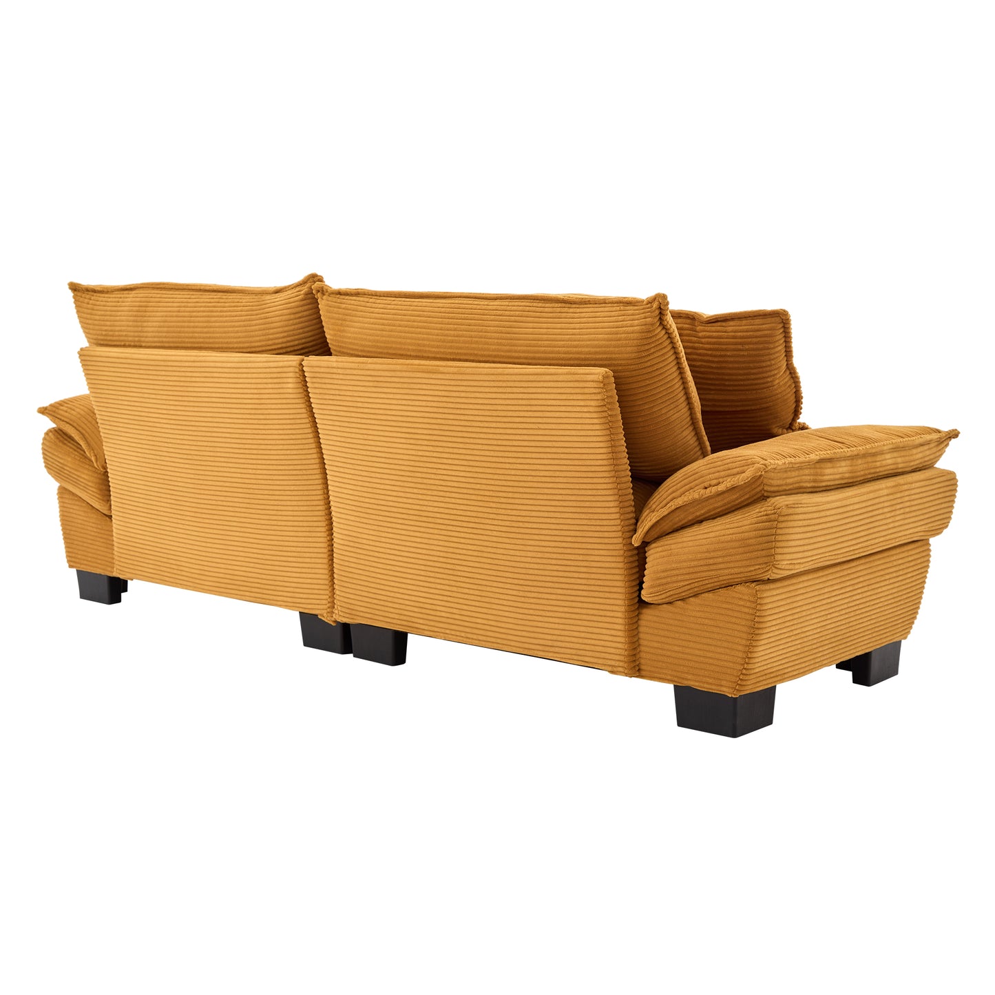 Mustard yellow corduroy sofa with plush cushions and black legs
