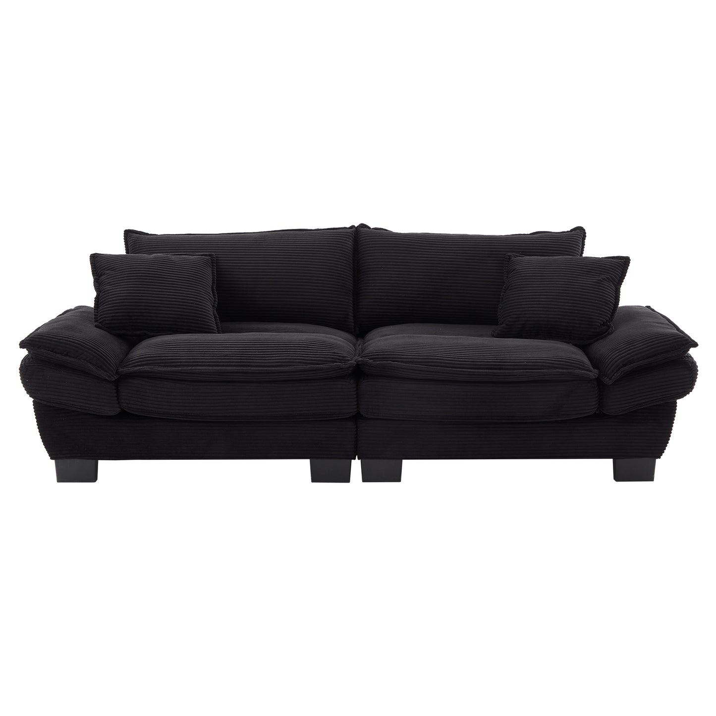 Plush black corduroy sofa with deep seating and accent pillows perfect for living rooms