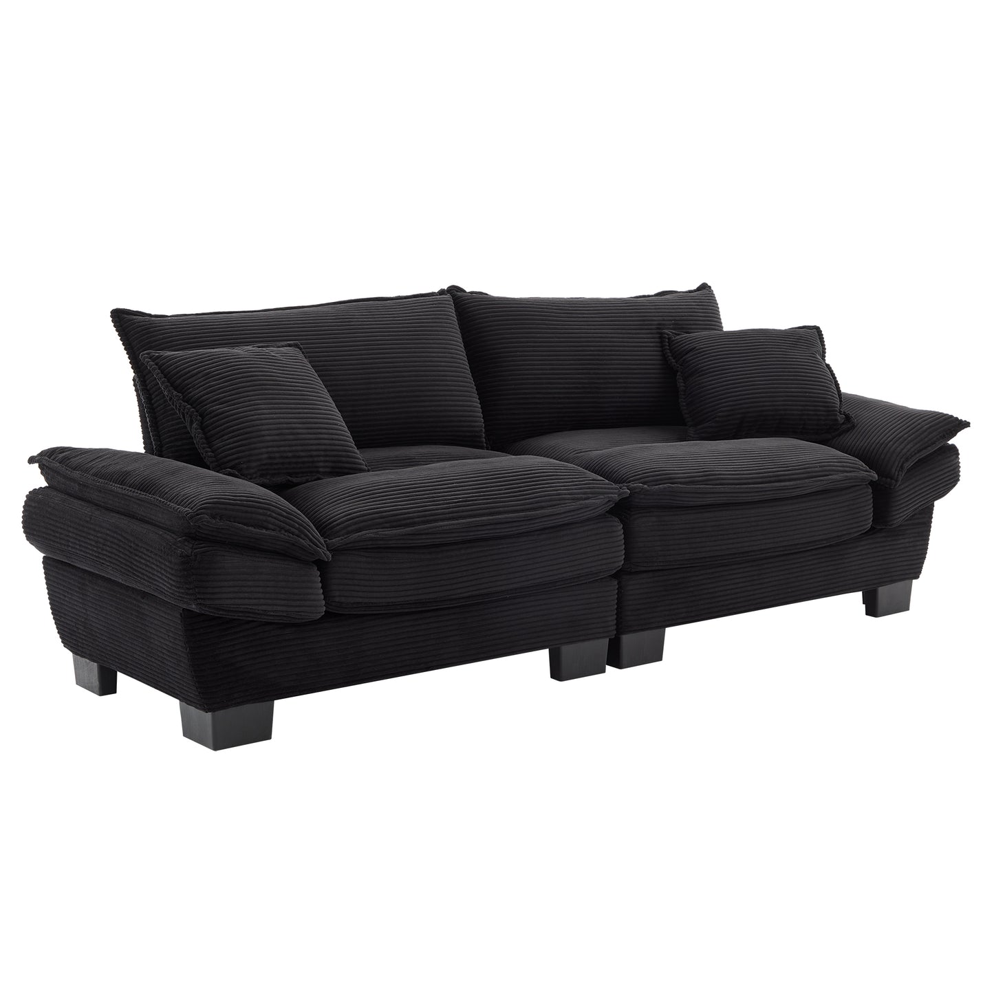 Black corduroy sofa with plush cushions and modern square legs