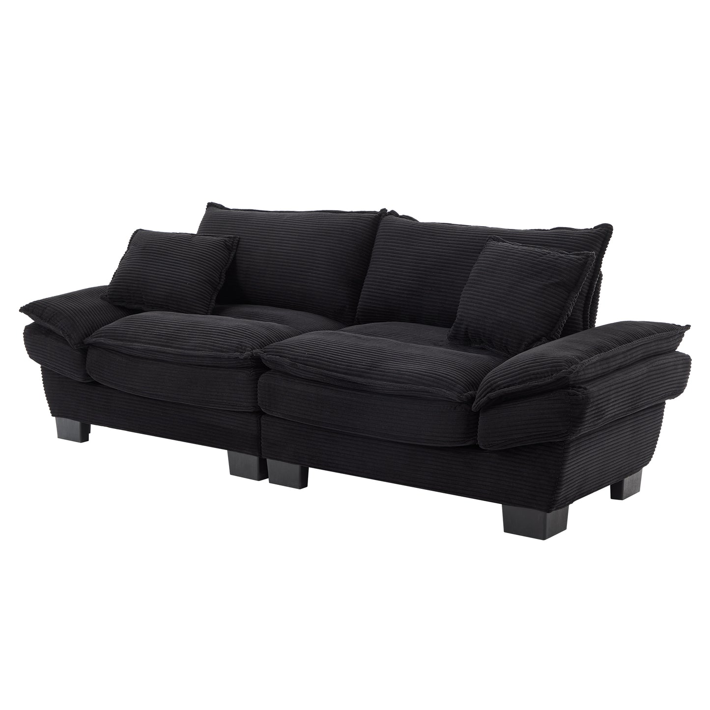 Black corduroy upholstered sofa with plush cushions and modern square legs