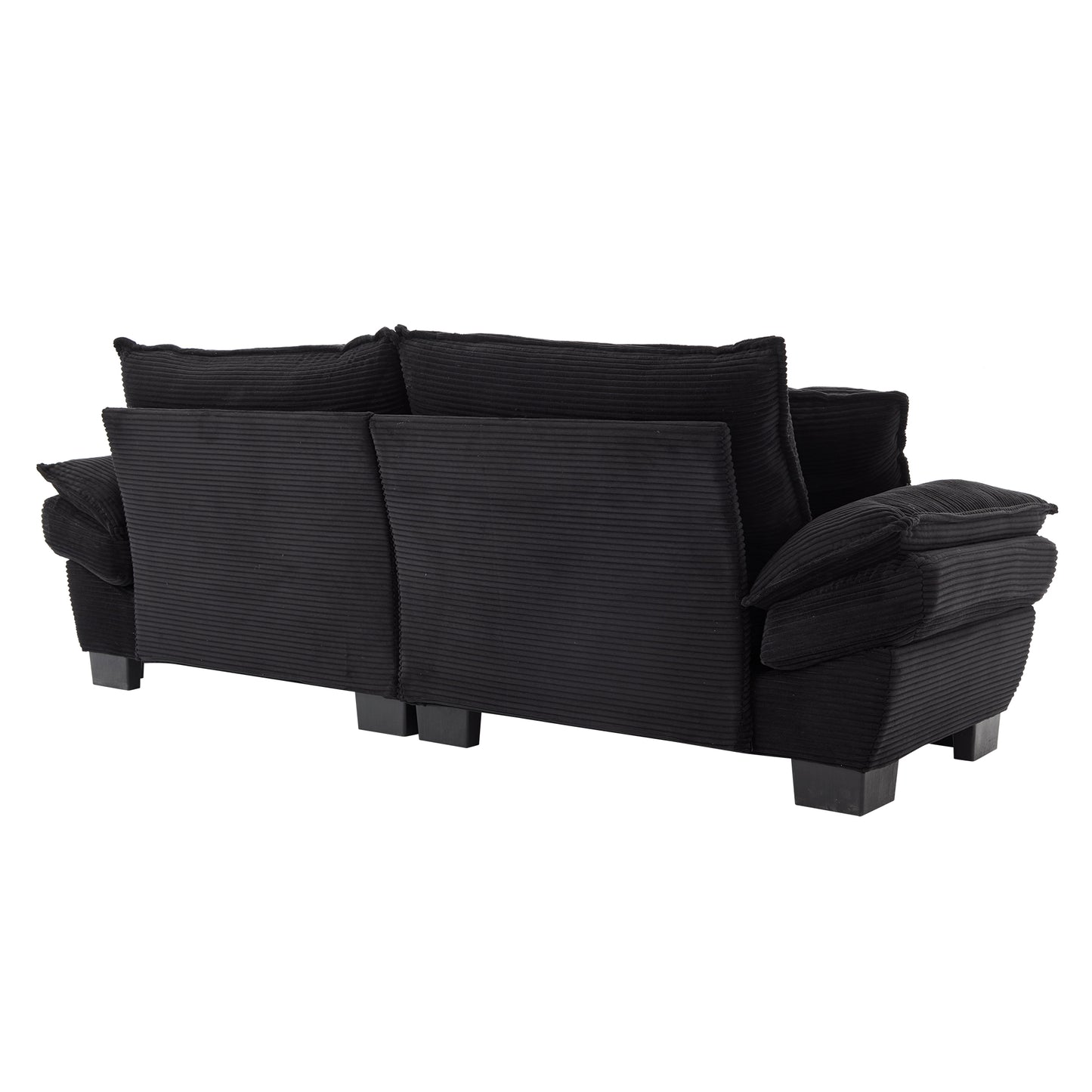 Black corduroy sofa with plush cushions and dark wooden block feet ideal for a modern living room