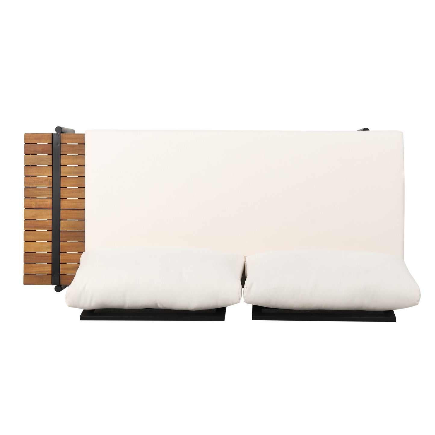 Modern cream sectional sofa with teak wood accents and black metal frame