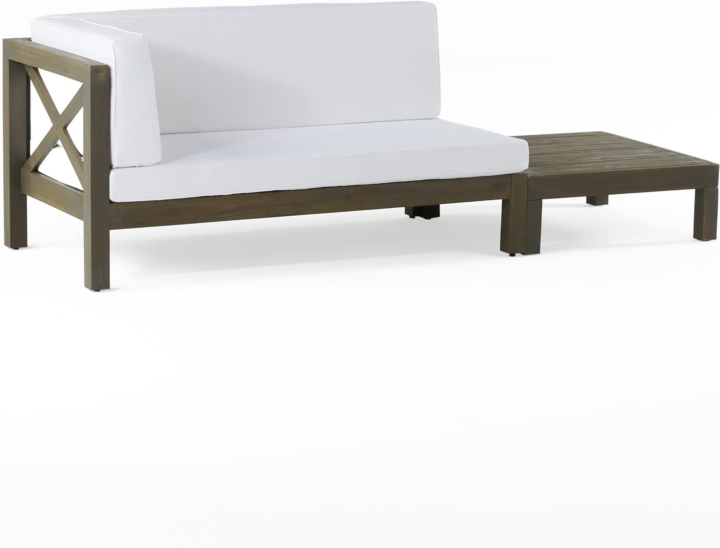 Modular outdoor sectional sofa with dark wood frame and white cushions