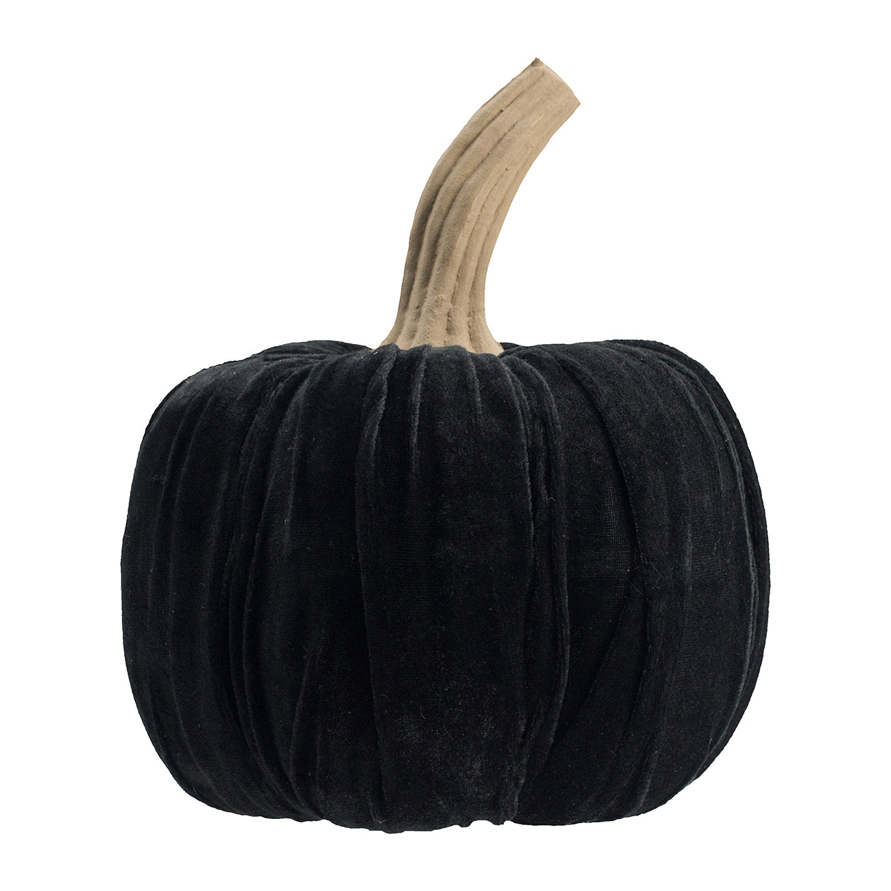 Plush black pumpkin decoration with a realistic tan stem perfect for fall decor