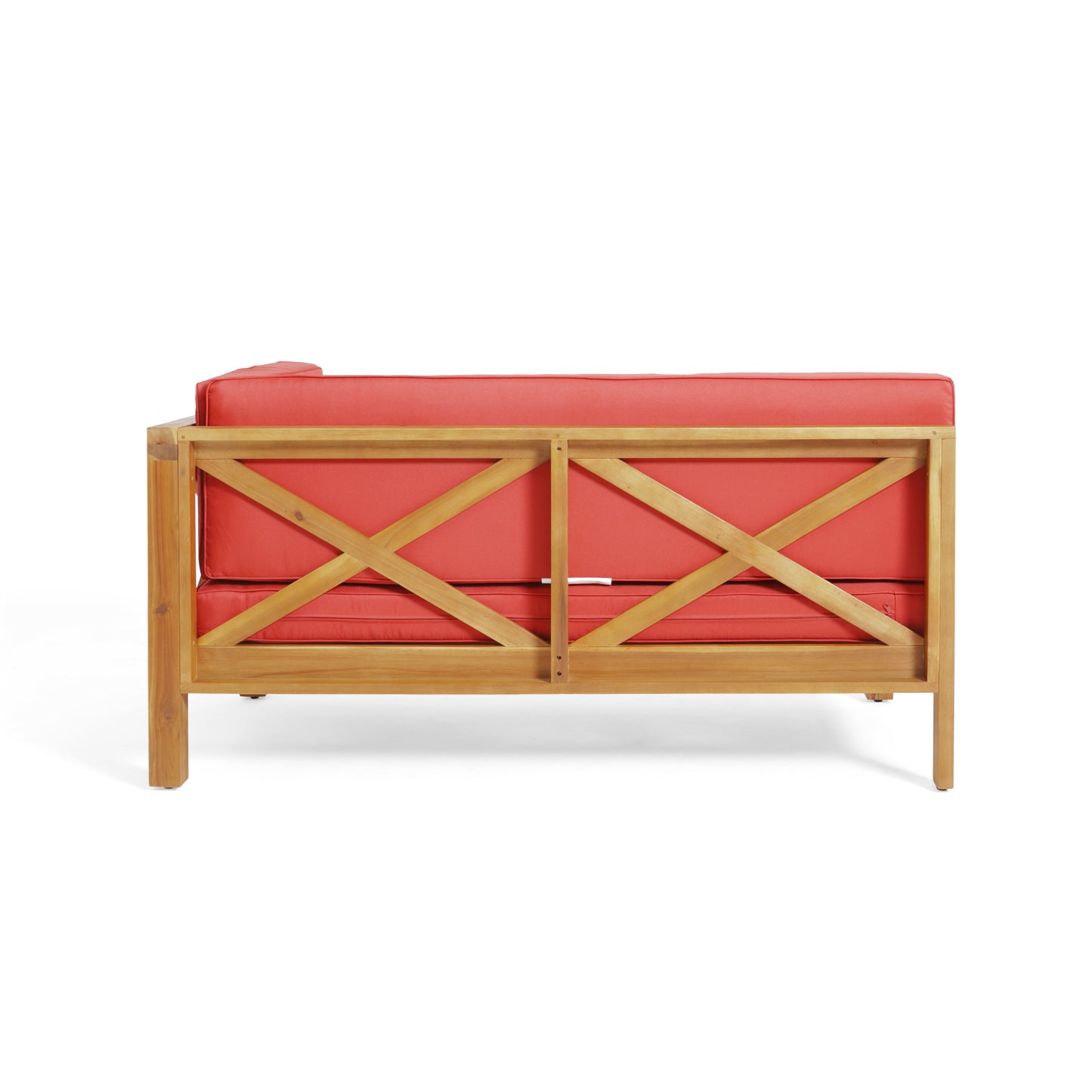 Wooden outdoor sofa with red cushions and crisscross back detail
