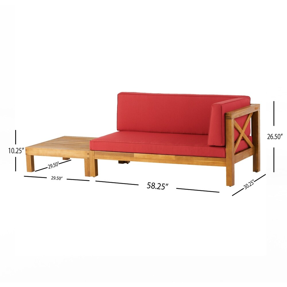 Corner sectional patio sofa with red cushions and integrated wood side table