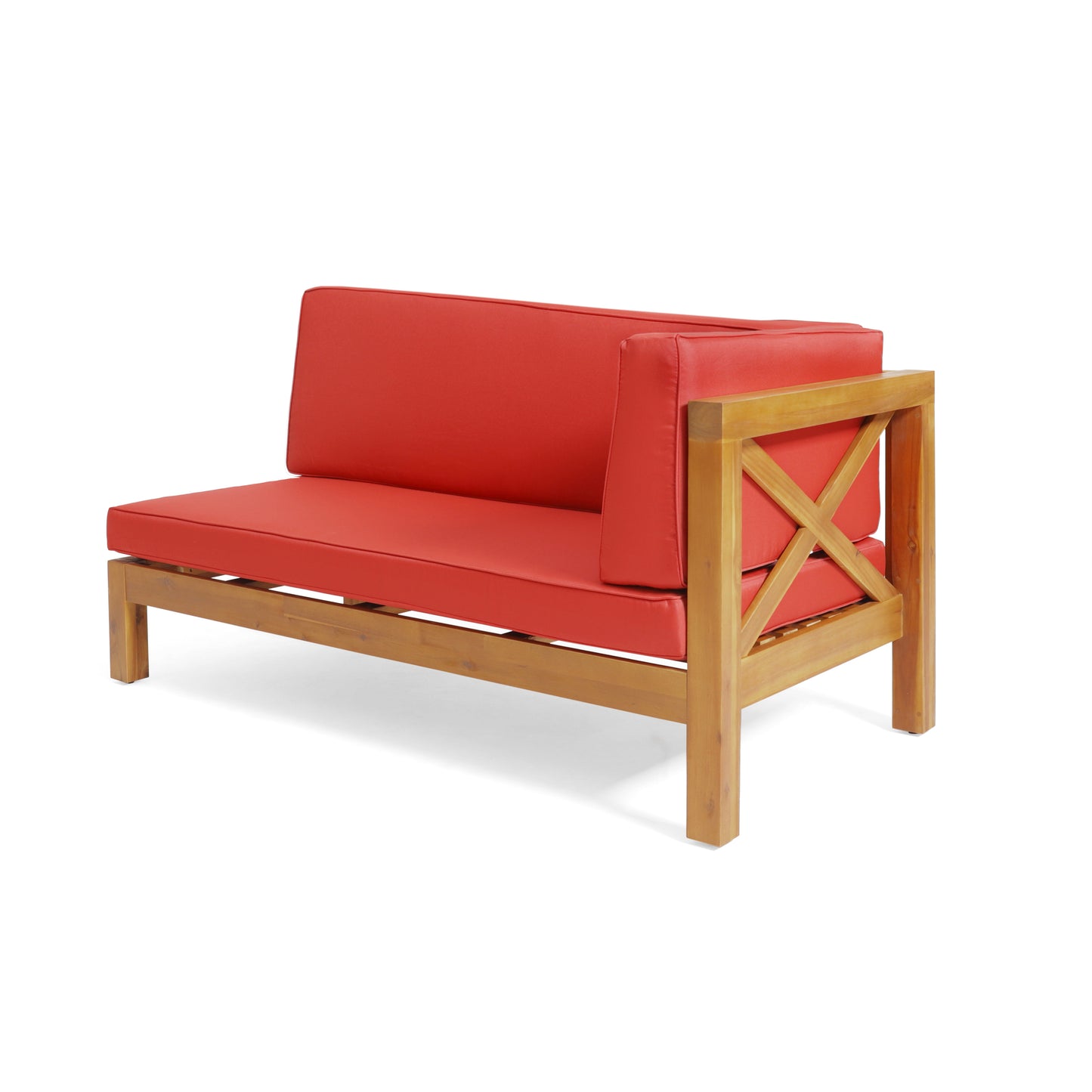 Red modular outdoor sofa with wooden frame and plush cushions