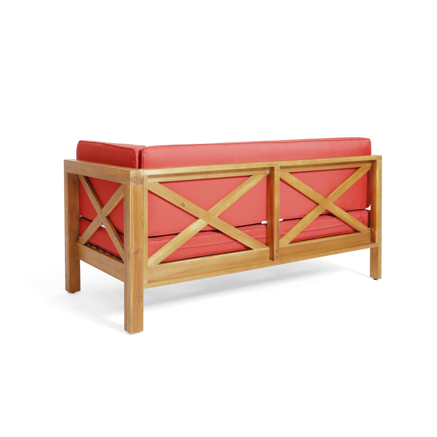 Wooden outdoor sofa with coral cushions and crisscross armrest detail