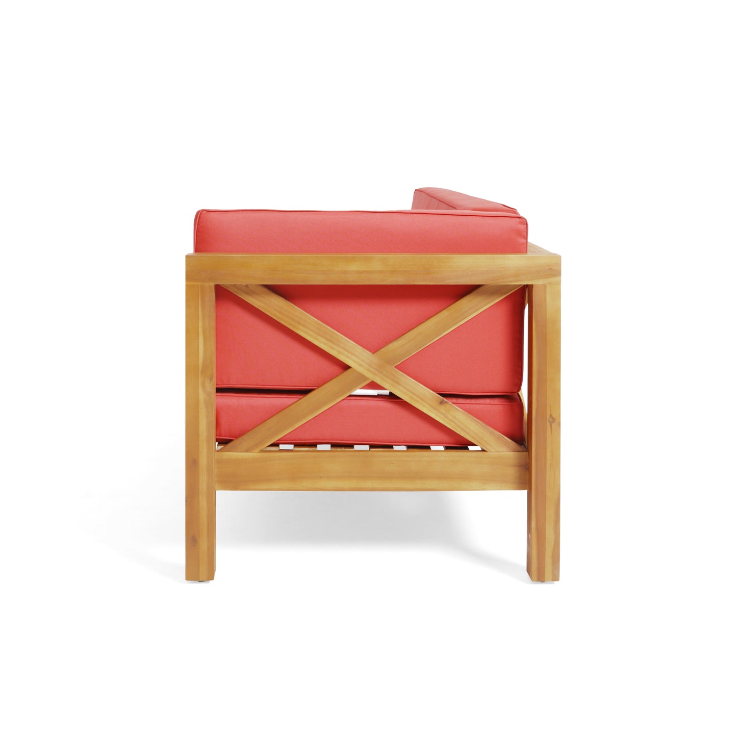 Wooden outdoor loveseat with coral cushions featuring Xframe back detail