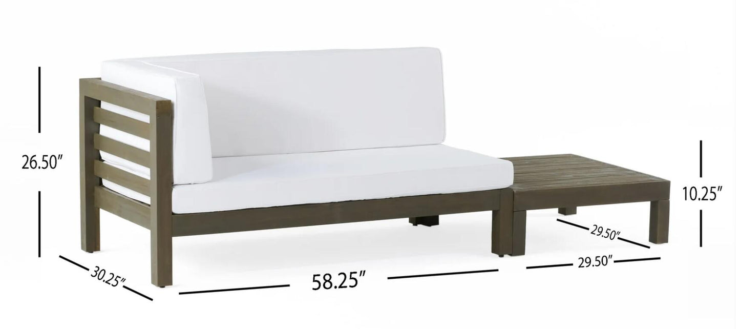 Modern sectional outdoor sofa with white cushions and grey wooden frame L