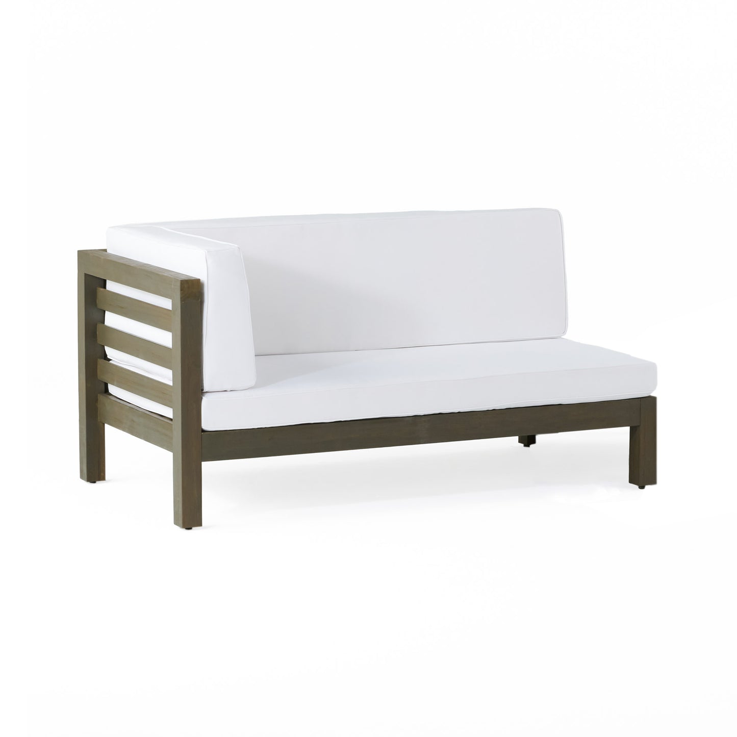 Modern sectional sofa with grey wood frame and white cushions ideal for patio furniture
