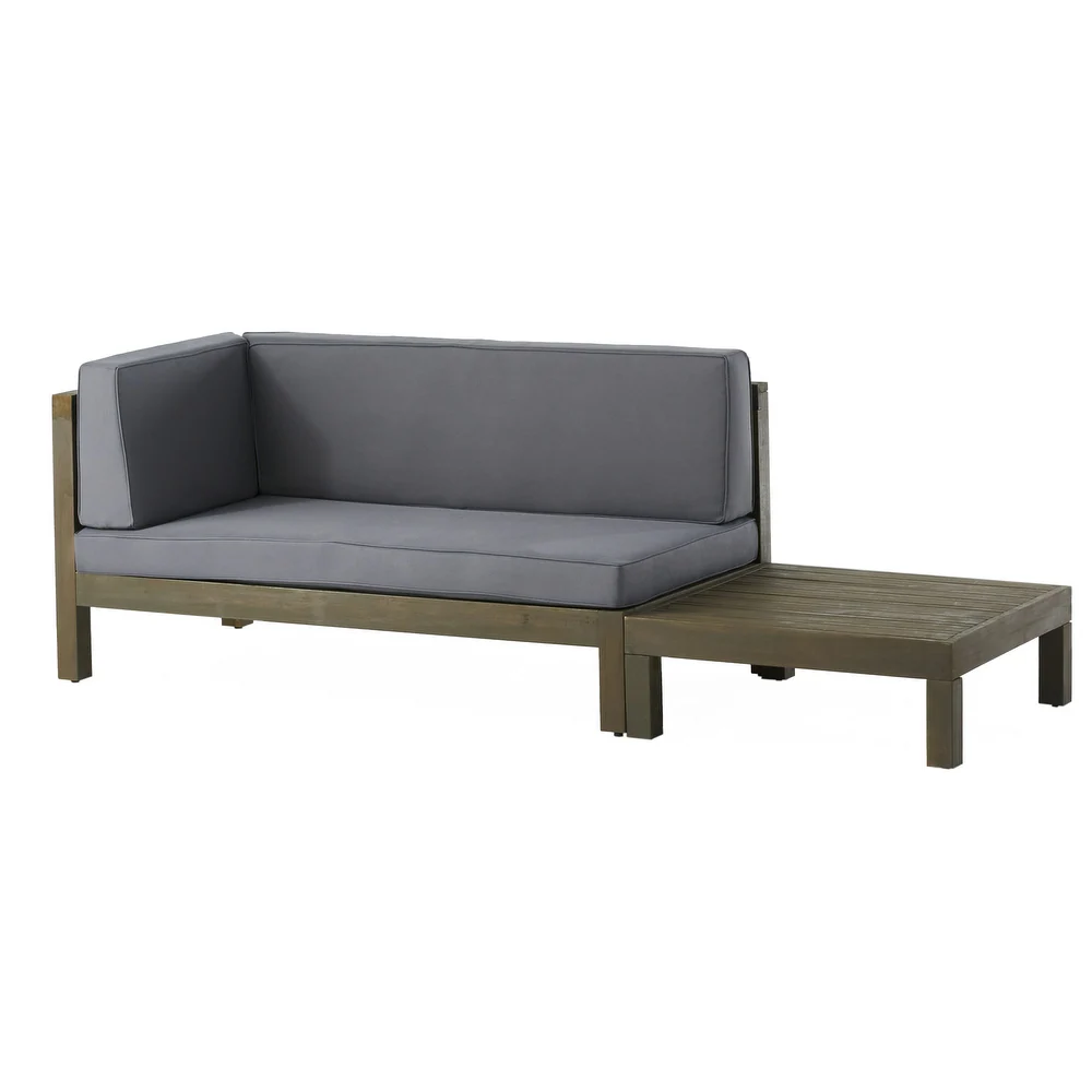 Gray sectional patio sofa with wooden frame and builtin side table