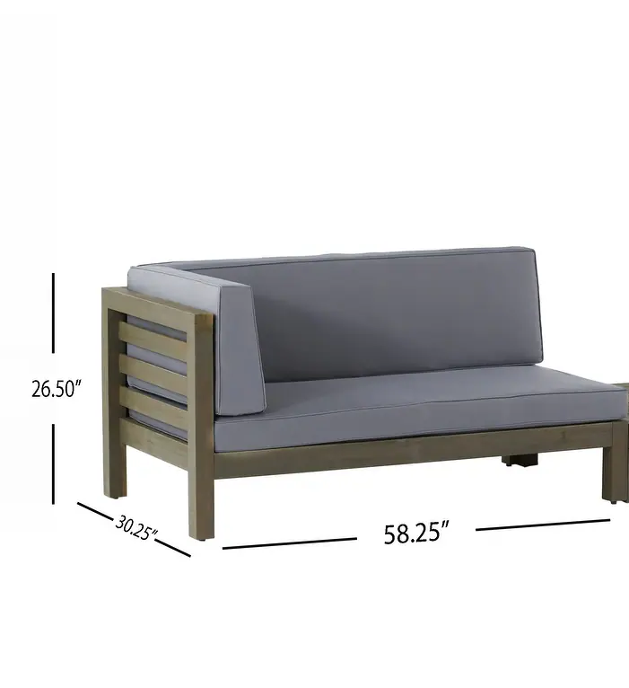 Gray outdoor sectional sofa with wooden frame and slatted arms