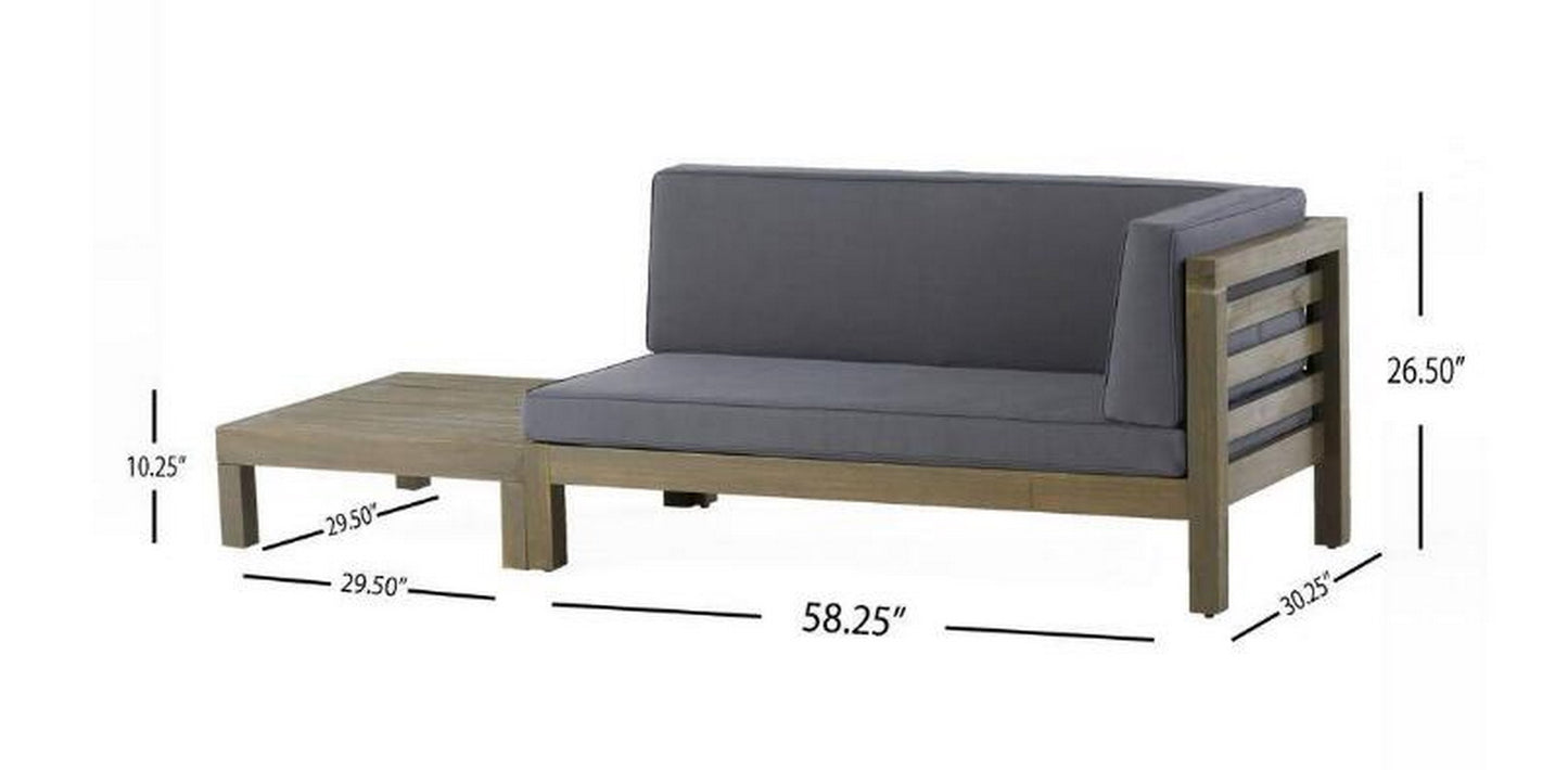 Gray upholstered outdoor sectional with attached wooden side table and dimensional callouts