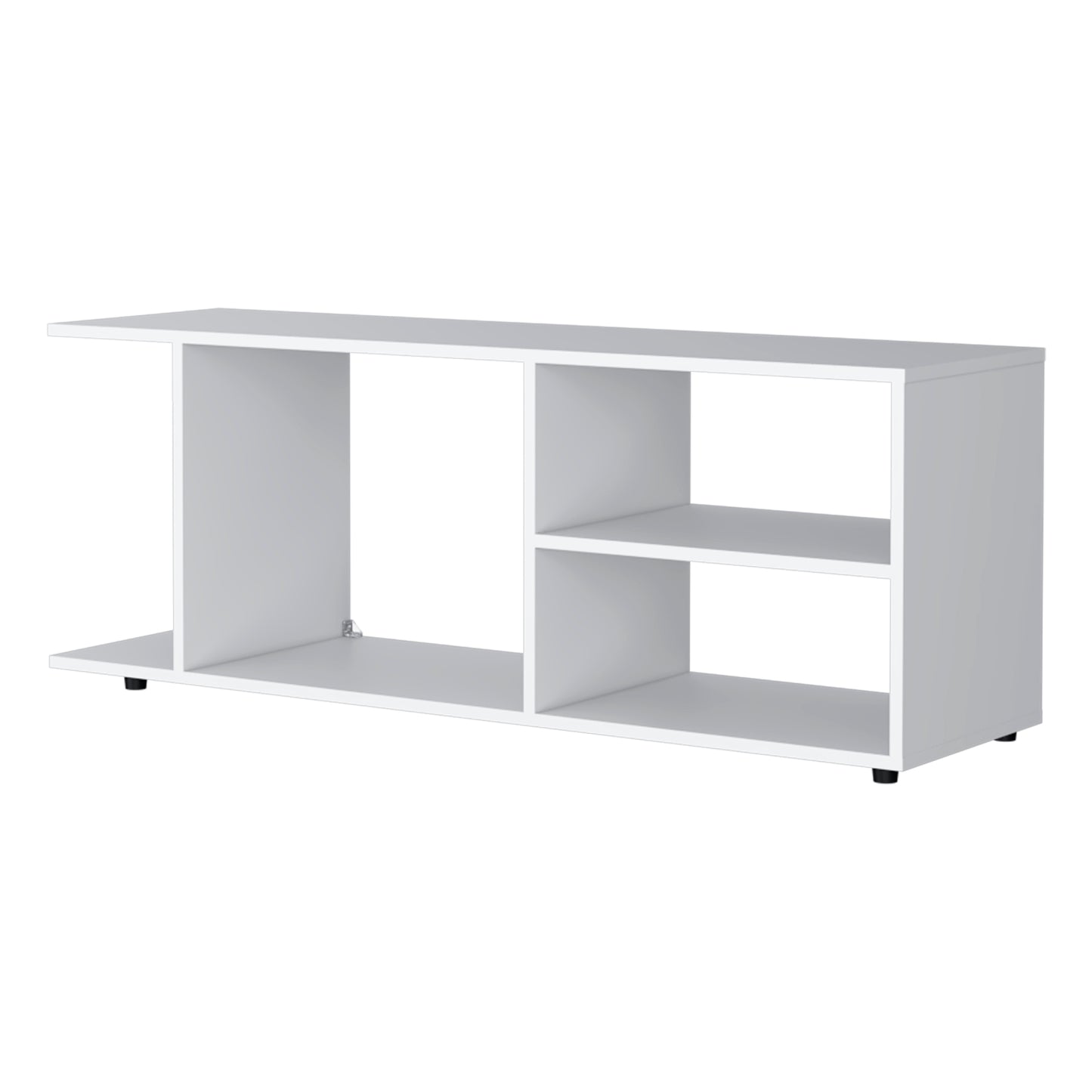 Modern white media console with open shelving and a sleek minimalist design perfect for living rooms