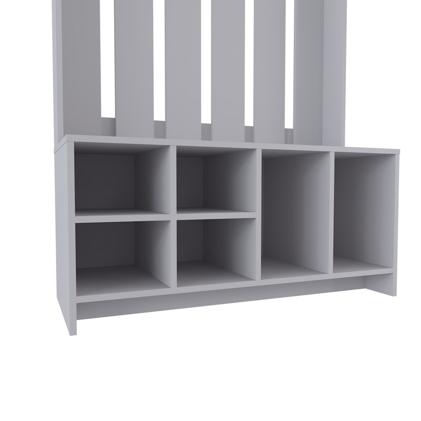 Modern grey cube shelving unit with vertical back panels for entryway organization