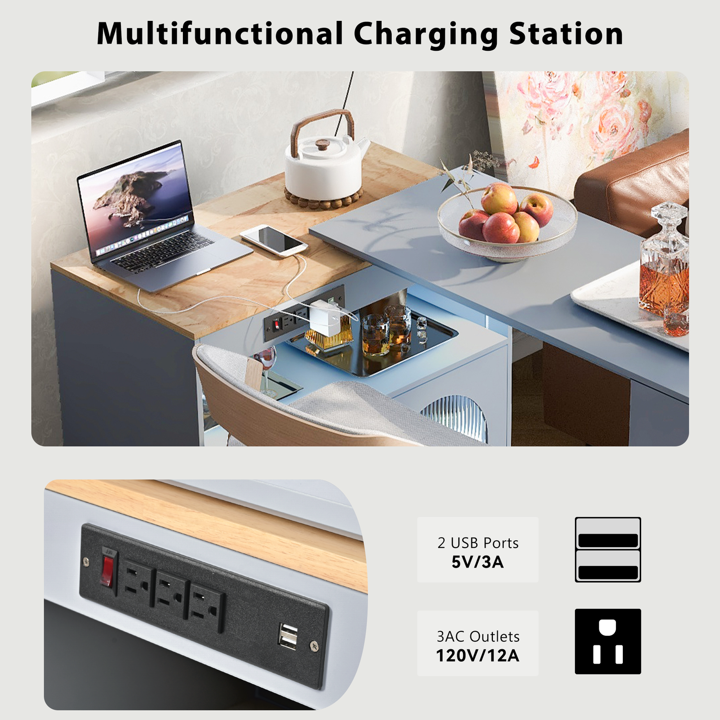 Black power strip with AC outlets and USB ports on a wooden desk