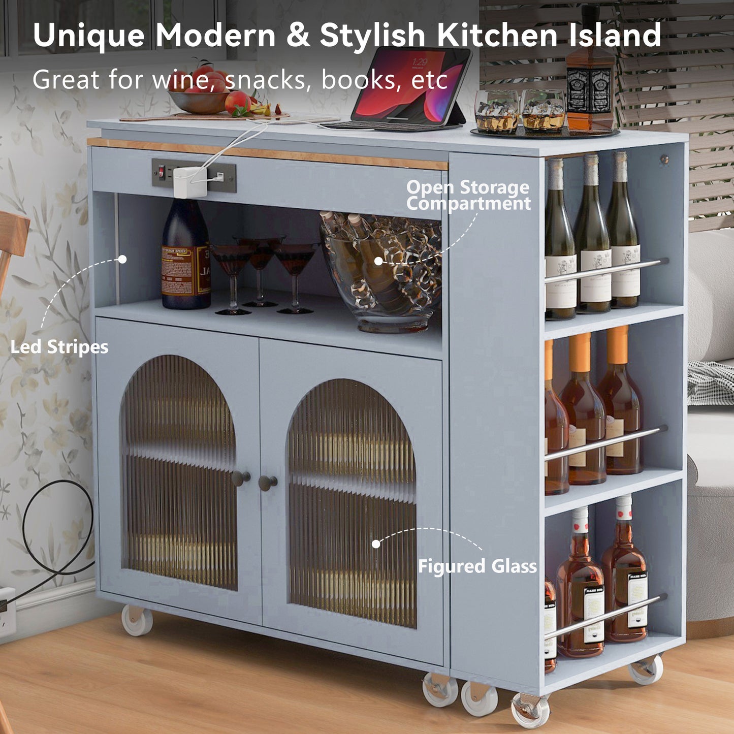 Gray kitchen island with wine storage and open compartment