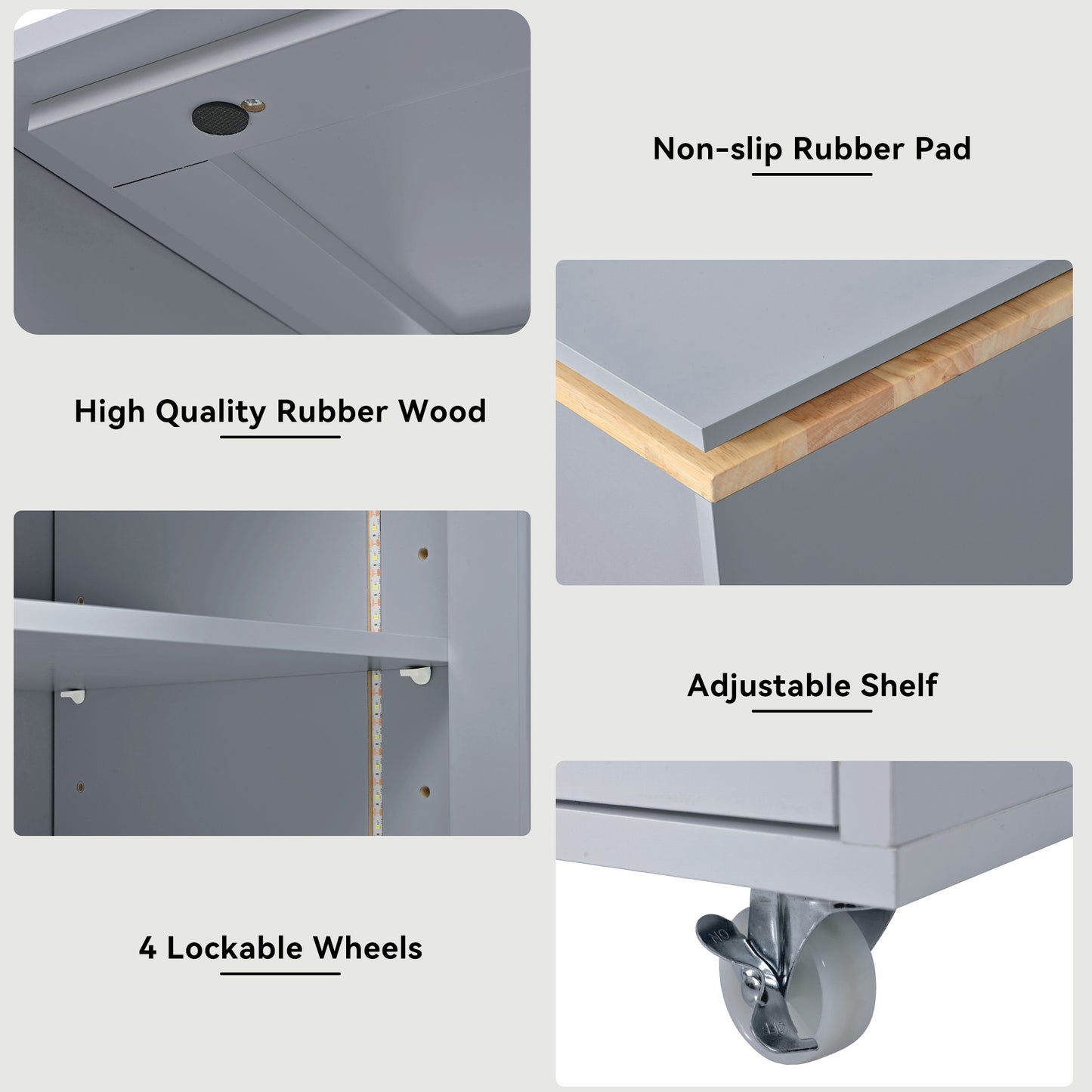 Closeup of a grey rolling kitchen island with a nonslip rubber pad