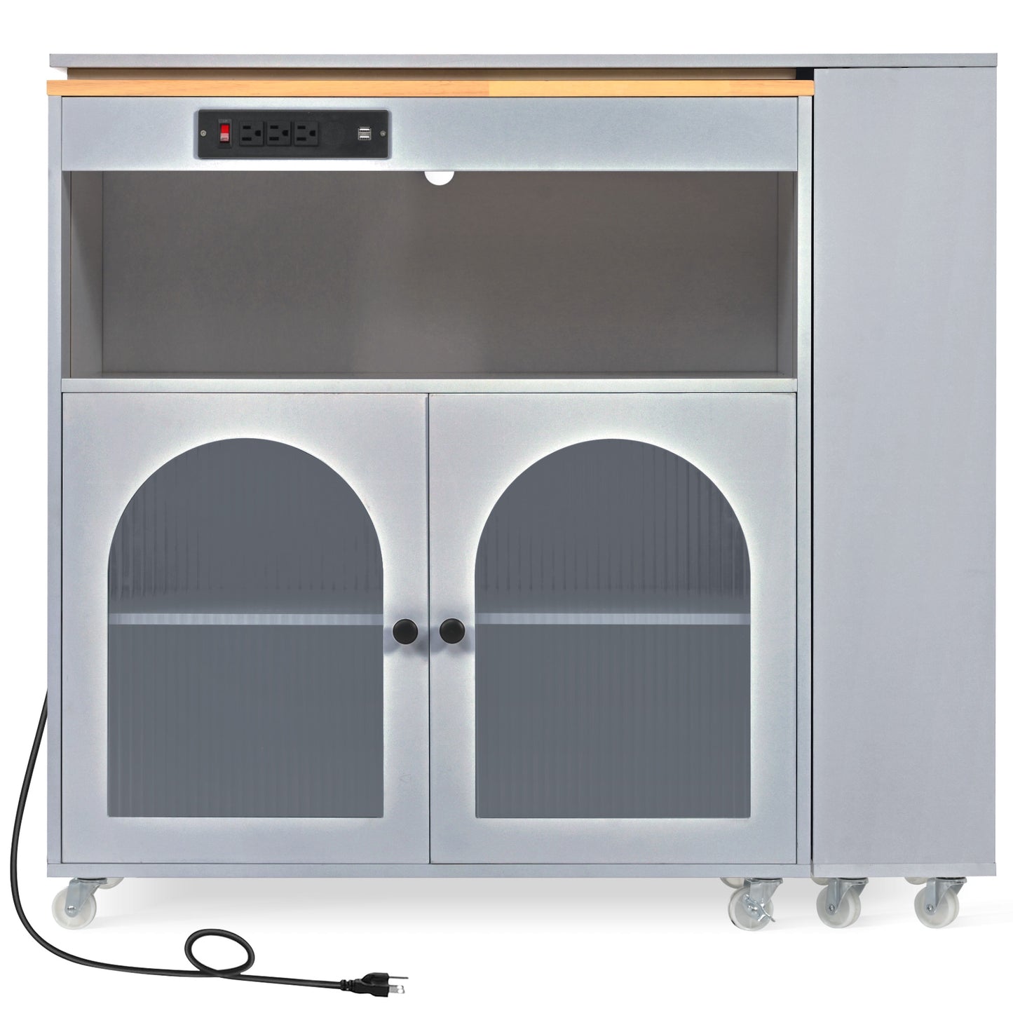 Gray rolling kitchen cart with arched glass doors and integrated power outlet