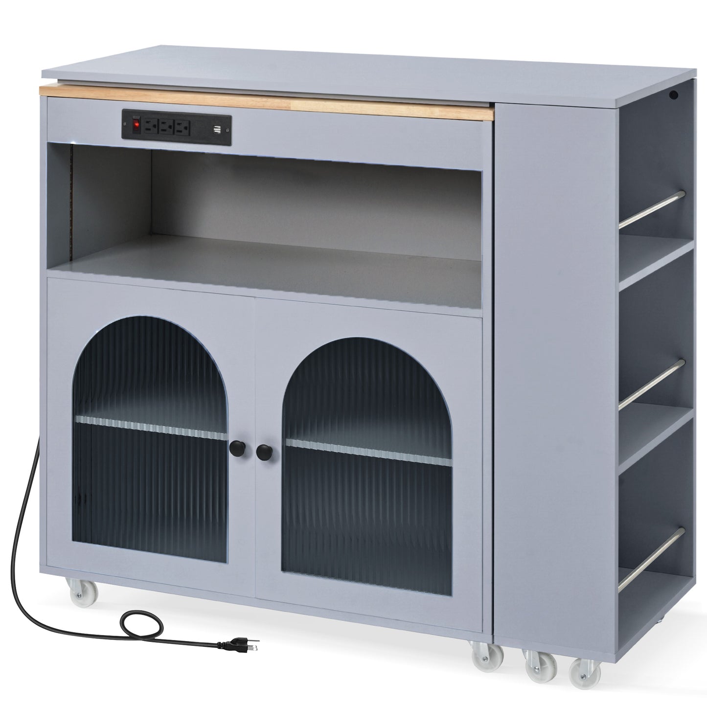 Grey kitchen island cart with builtin outlets and arched glass doors