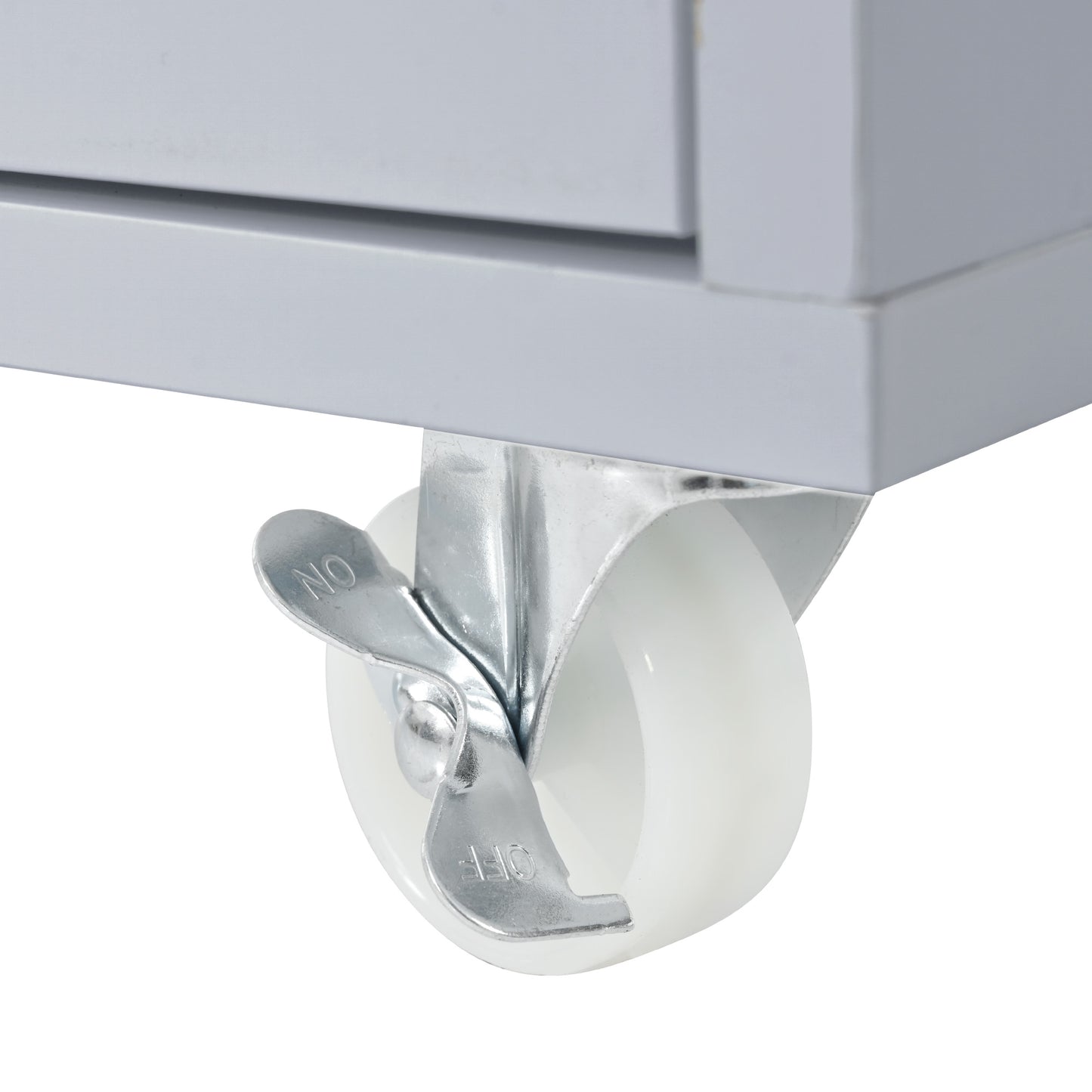 Gray metal desk with locking caster wheel for mobility