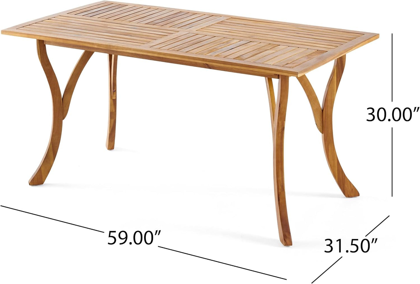 Wooden patio dining table with slatted top and curved legs